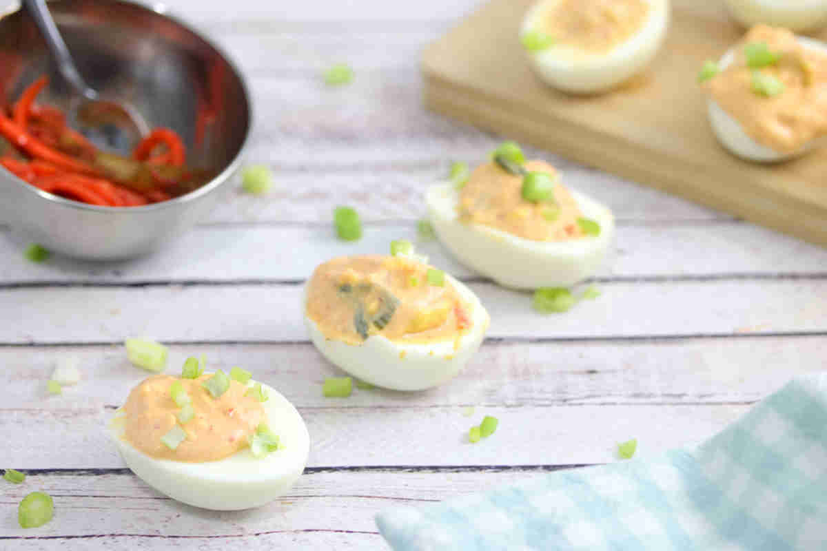 Spicy Kimchi Deviled Eggs (Whole30)